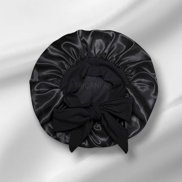 Schwarz Satin-Haube mit Bändern zum Binden (Kindergröße 3–7 Jahre) (Satin-Nachtmütze / Satin bonnet / Schlafhaube / Kinder Hair Bonnet / Satin bonnet)