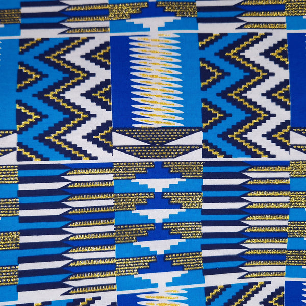 Afrikanischer Stoff - Exklusiv Verschönerte Glitzereffekte 100% Baumwolle - KT-3084 Kente Gold Blau