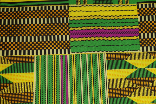 Afrikanischer Stoff - Exklusiv Verschönerte Glitzereffekte - Poly - KT-3094 
 Gold Grun Kente