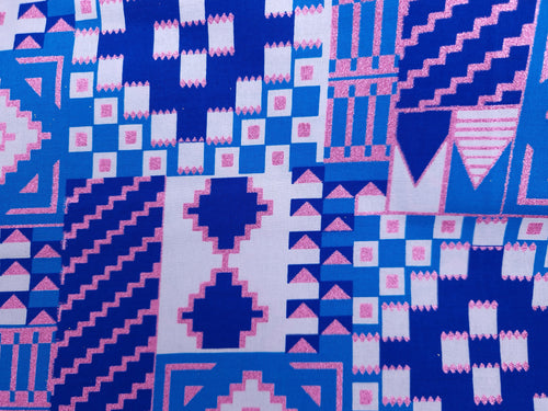 Afrikanischer Stoff - Exklusiv Verschönerte Glitzereffekte 100% Baumwolle - KT-3124-SALE Blau Rosa Gold Kente