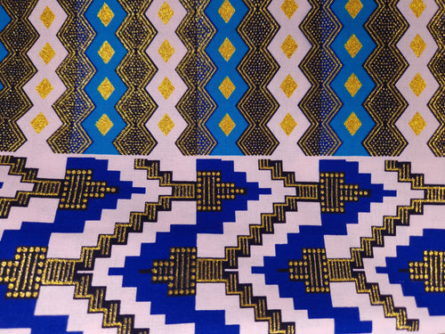 Afrikanischer Stoff - Exklusiv Verschönerte Glitzereffekte 100% Baumwolle - KT-3128 Kente Gold Blau