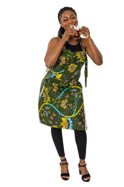 African print Apron - Green Yellow Botanical Flow