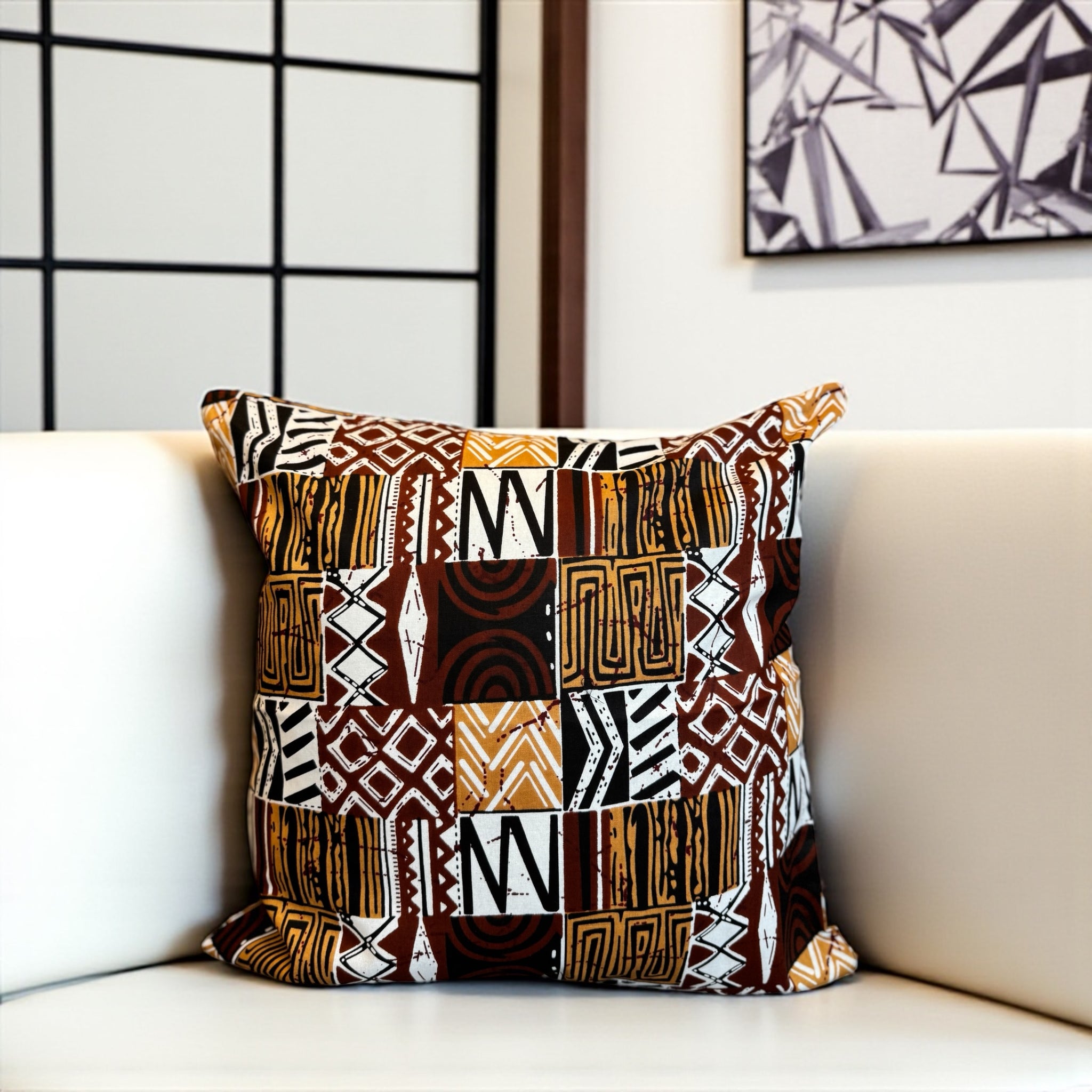 Afrikanisches Kissen | Braun Bogolan Mosaic - Dekokissen 45x45