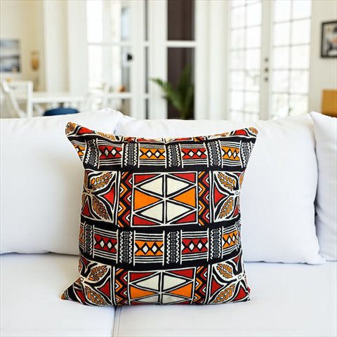 Afrikanisches Kissen | Rot & Orange Bogolan Symbols - Dekokissen 45x45 - 100% Baumwolle