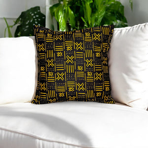 Afrikanisches Kissen | Schwarz / Gelb Bogolan - Dekokissen 45x45