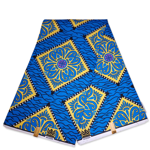 Afrikanischer Stoff - Blau / gelb Royal  -  100% Baumwolle