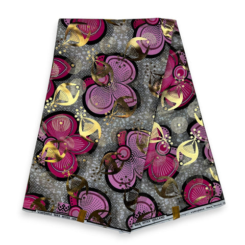 Afrikanischer Stoff - Goldeffekte - Rosa Bows - 100% Baumwolle