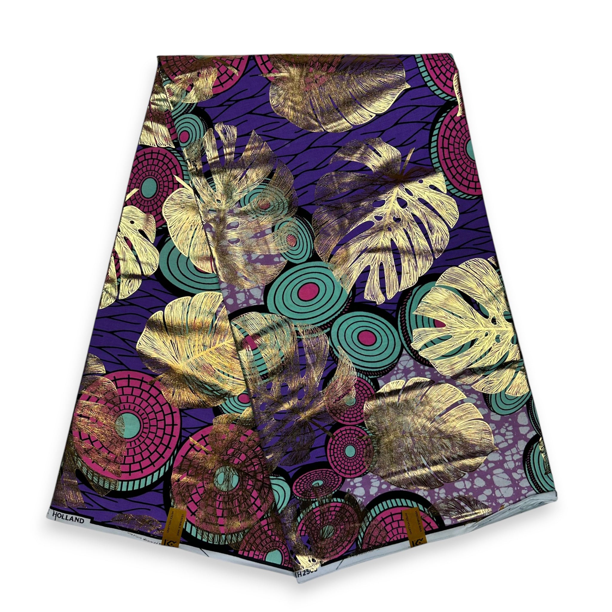Afrikanischer Stoff - Goldeffekte - Lila Disks - 100% Baumwolle