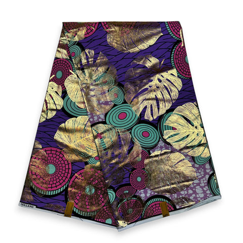 Afrikanischer Stoff - Goldeffekte - Lila Disks - 100% Baumwolle