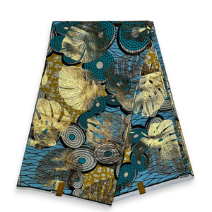 Afrikanischer Stoff - Goldeffekte - Hellblau Disks - 100% Baumwolle