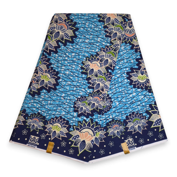 African Wax print fabric - Light blue Blue Lotus Border - 100% cotton