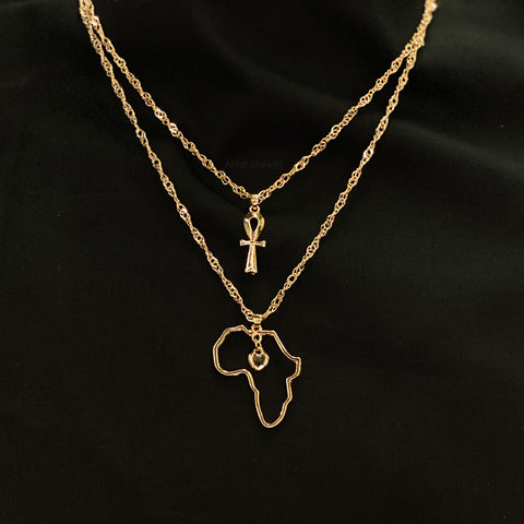 Halskette / Anhänger - Kreuz afrikanischer Kontinent Gold- Doppelkette