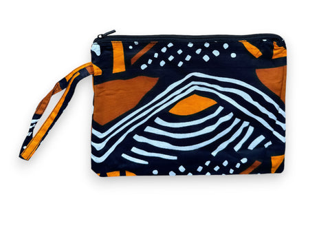 Afrikanisches Kente Print Make-up Etui / Handtasche / Federmäppchen / Stiftemäppchen - Braun / Orange Bogolan Symbols