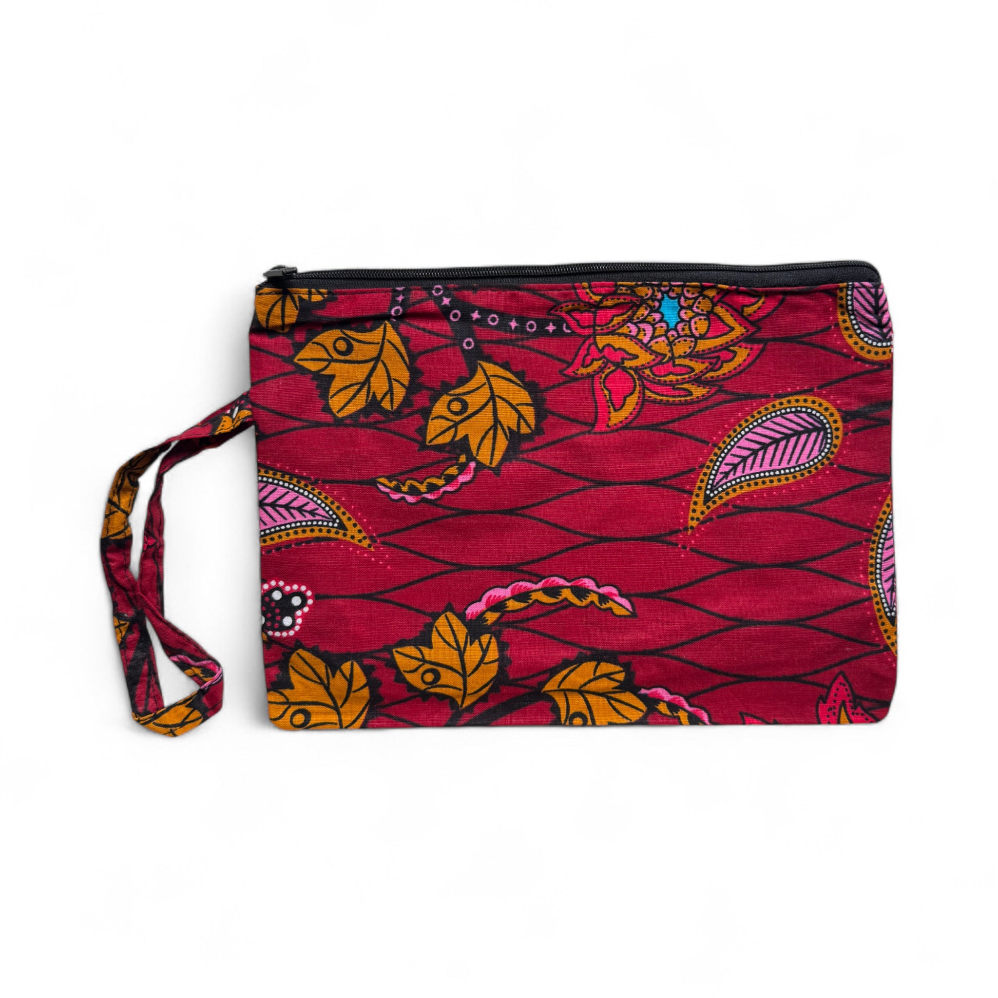 Afrikanisches Kente Print Make-up Etui / Handtasche / Federmäppchen / Stiftemäppchen - Dunkelrot & Gelb Botanical Flow
