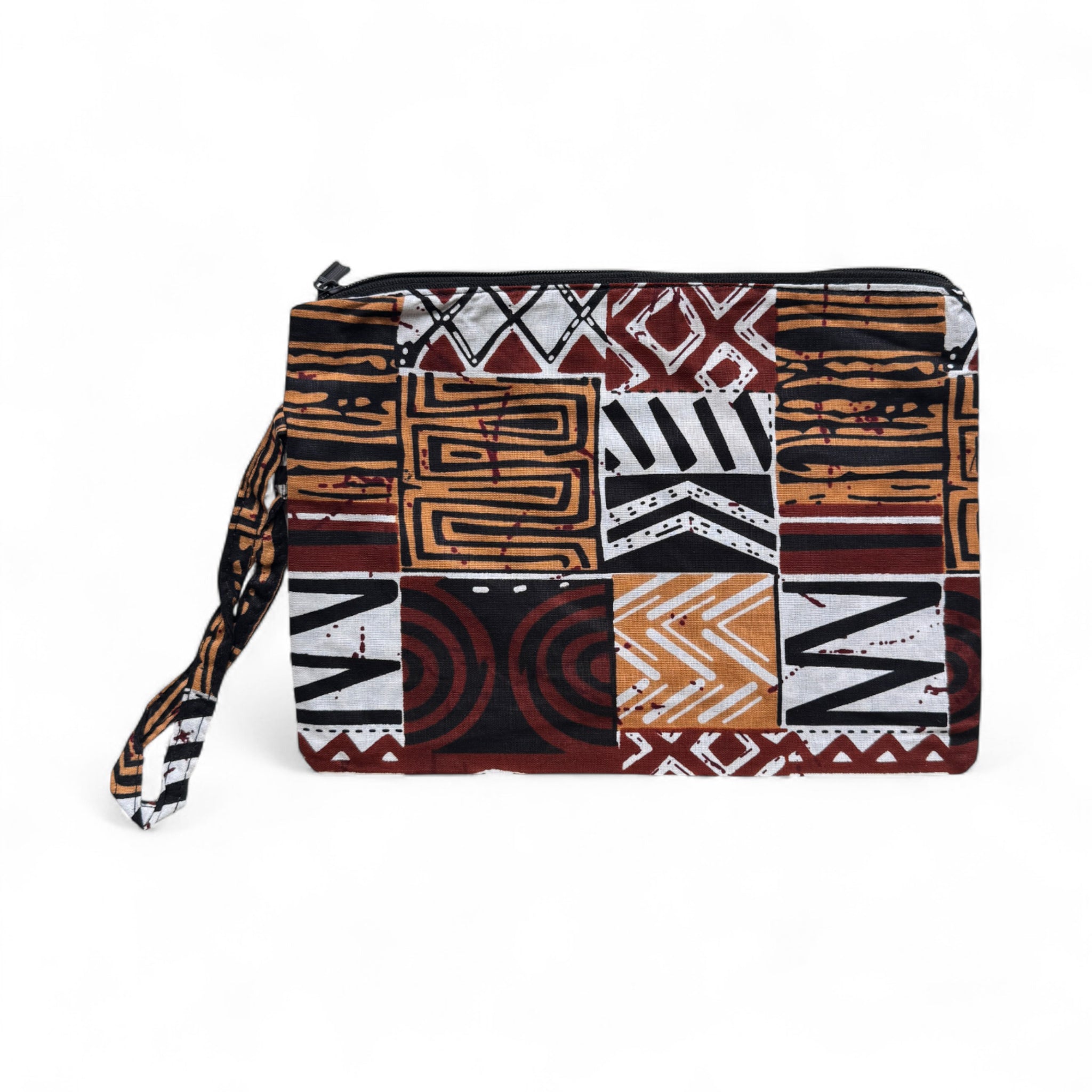 Afrikanisches Kente Print Make-up Etui / Handtasche / Federmäppchen / Stiftemäppchen - Braun Bogolan Mosaik
