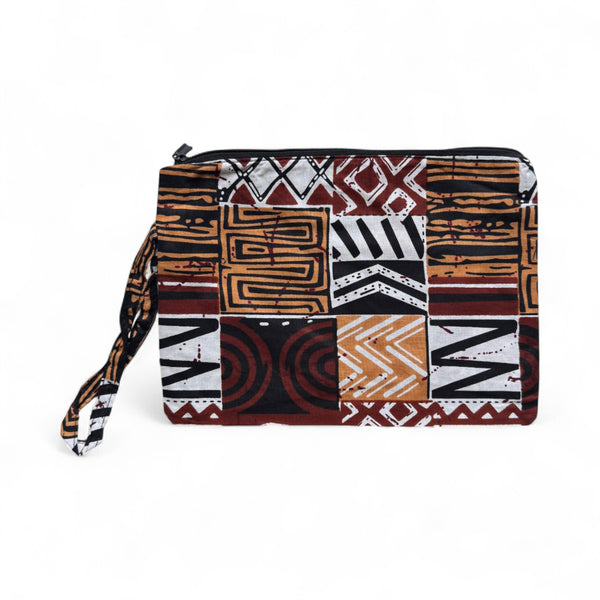 Afrikanisches Kente Print Make-up Etui / Handtasche / Federmäppchen / Stiftemäppchen - Braun Bogolan Mosaik