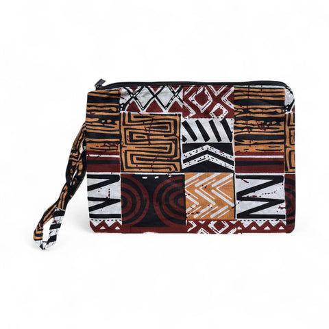 Afrikanisches Kente Print Make-up Etui / Handtasche / Federmäppchen / Stiftemäppchen - Braun Bogolan Mosaik