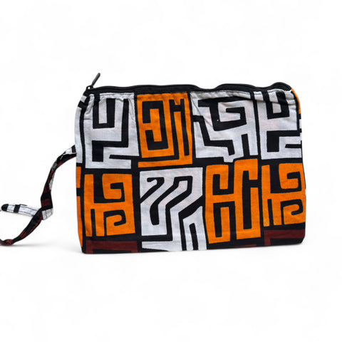 Afrikanisches Kente Print Make-up Etui / Handtasche / Federmäppchen / Stiftemäppchen - Braun & Gelborange Kuba Blöcke
