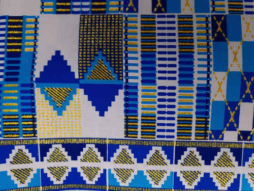 Afrikanischer Stoff - Exklusiv Verschönerte Glitzereffekte 100% Baumwolle -  PO-5003 Kente Gold Blau