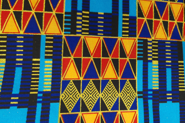 Afrikanischer Stoff - Exklusiv Verschönerte Glitzereffekte - Poly - PO-5011 
 Gold Blau Kente