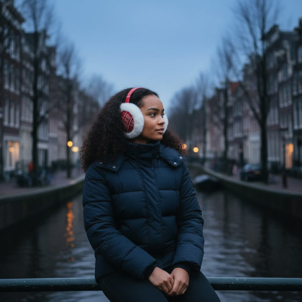 African Print Ohrenwärmer - Faltbare Winter Ohrenschützer - Rot Weiß Bogolan