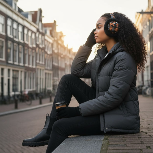 African Print Ohrenwärmer - Faltbare Winter Ohrenschützer - Braun Kreuz Bogolan