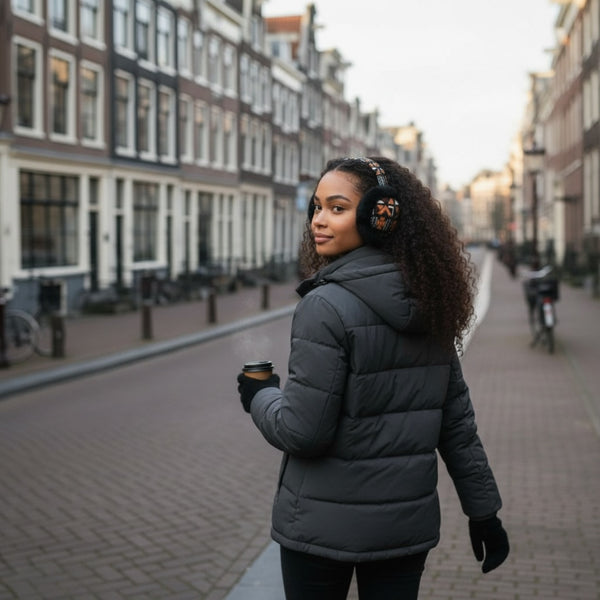 African Print Ohrenwärmer - Faltbare Winter Ohrenschützer - Braun Kreuz Bogolan