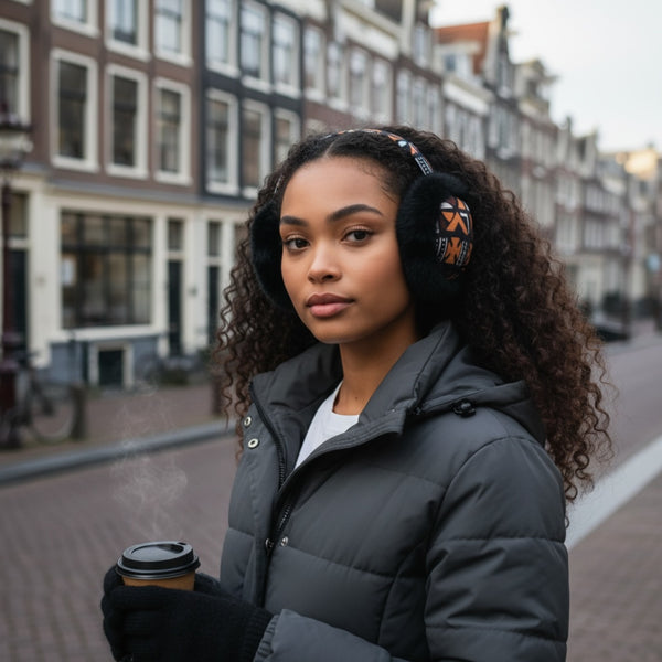 African Print Ohrenwärmer - Faltbare Winter Ohrenschützer - Braun Kreuz Bogolan