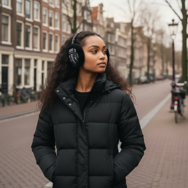 African Print Ohrenwärmer - Faltbare Winter Ohrenschützer - Schwarz Weiß Bogolan