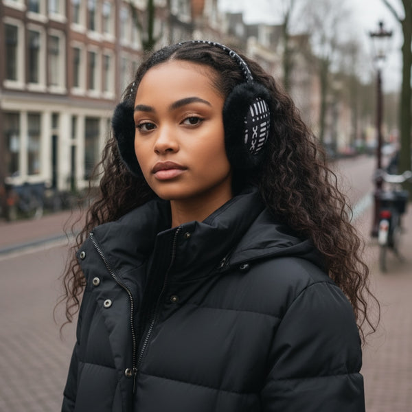 African Print Ohrenwärmer - Faltbare Winter Ohrenschützer - Schwarz Weiß Bogolan