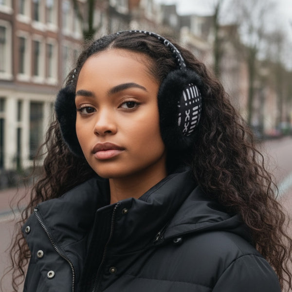 African Print Ohrenwärmer - Faltbare Winter Ohrenschützer - Schwarz Weiß Bogolan