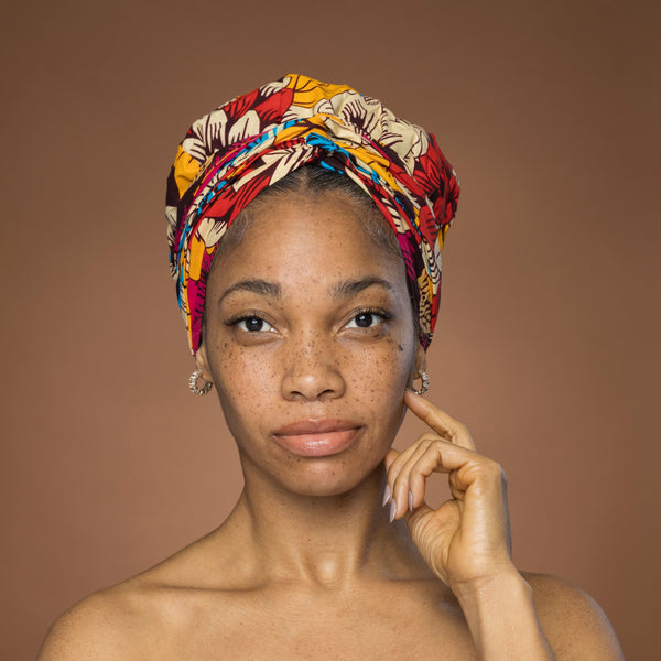 XL Easy headwrap / einfaches Kopftuch - Satinfutter - Rot Blau Flowers