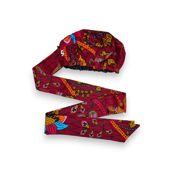 XL Easy headwrap / einfaches Kopftuch - Satinfutter - Rot Gelb Botanical Flow