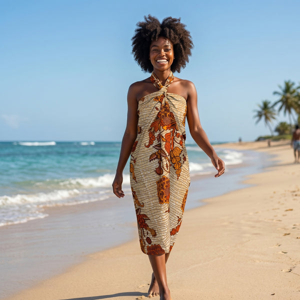 Sarong / Pareo - Baumwoll-Strandbekleidung Wickeltuch / Babytragetuch - Beige / gelbe Blume