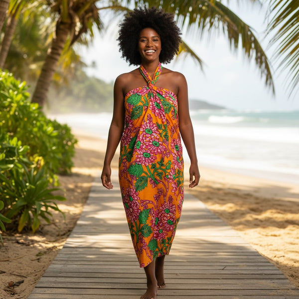 Sarong / Pareo - Baumwoll-Strandbekleidung Wickeltuch / Babytragetuch - Orange Rosa Floral Vines