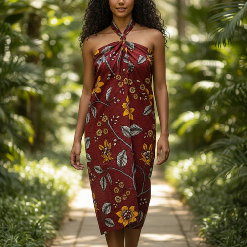 Sarong / Pareo - Baumwoll-Strandbekleidung Wickeltuch / Babytragetuch - Rot Flower stems