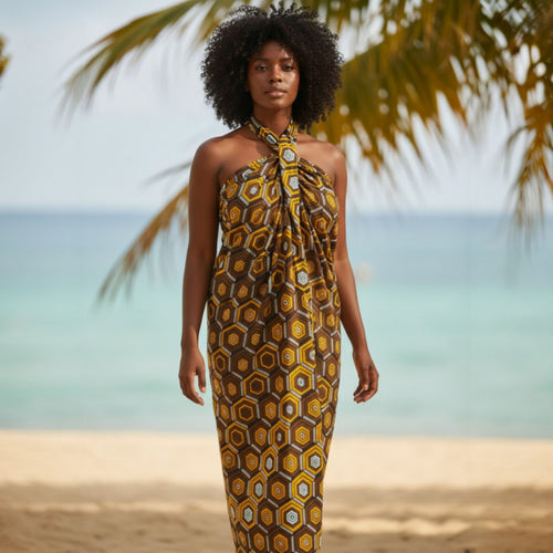 Sarong / Pareo - Baumwoll-Strandbekleidung Wickeltuch / Babytragetuch - Braun Hexagon