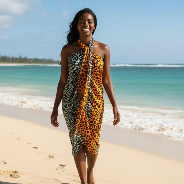 Sarong / Pareo - Baumwoll-Strandbekleidung Wickeltuch / Babytragetuch - Panter orange / türkis