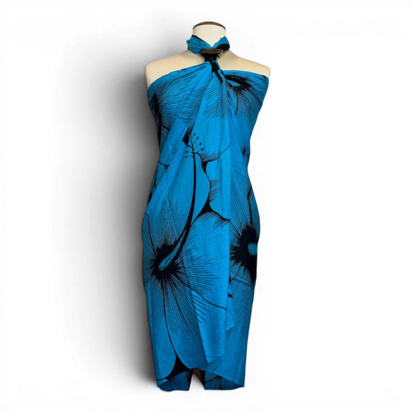 Sarong / Pareo - Strandbekleidung Wickeltuch - Blau Schwarz Hibiscus Breeze