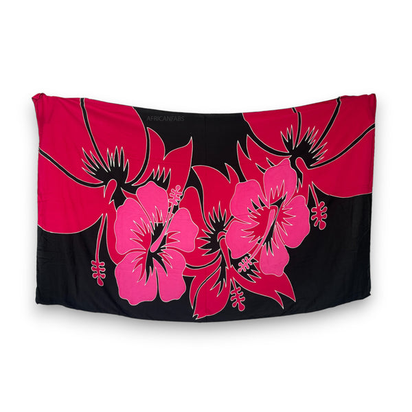 Handbemalt Sarong / Pareo - Strandbekleidung Wickeltuch - Schwarz / rot hibiscus flower