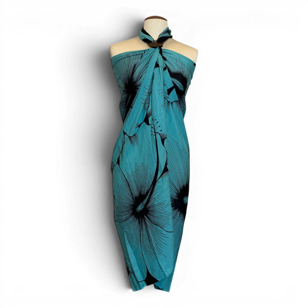 Sarong / Pareo - Strandbekleidung Wickeltuch - Türkis Schwarz Hibiscus Breeze