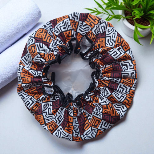 Große Duschhaube / Shower cap / Douchecap für volles Haar / Locken / Afro - Braun und Gelb-Orange Kuba Blocks Congo