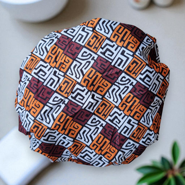 Große Duschhaube / Shower cap / Douchecap für volles Haar / Locken / Afro - Braun und Gelb-Orange Kuba Blocks Congo