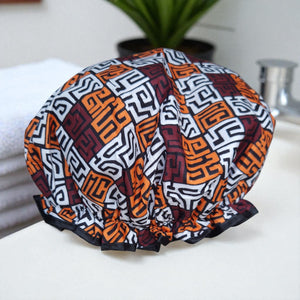 Große Duschhaube / Shower cap / Douchecap für volles Haar / Locken / Afro - Braun und Gelb-Orange Kuba Blocks Congo