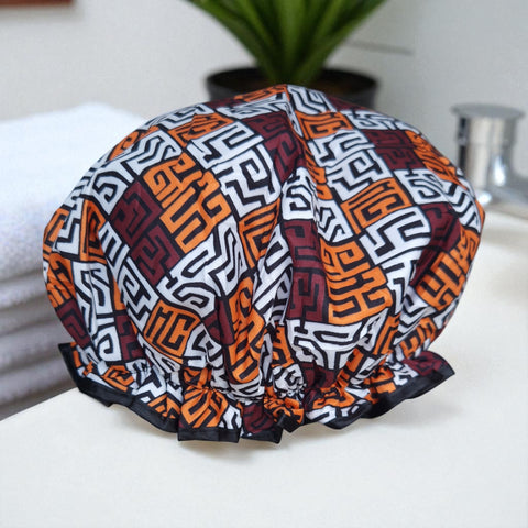 Große Duschhaube / Shower cap / Douchecap für volles Haar / Locken / Afro - Braun und Gelb-Orange Kuba Blocks Congo