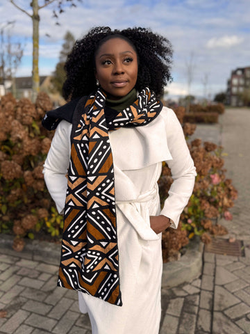 Afrikanischer Print Schal Unisex - Schmales Modell - Braun & Beige Bogolan