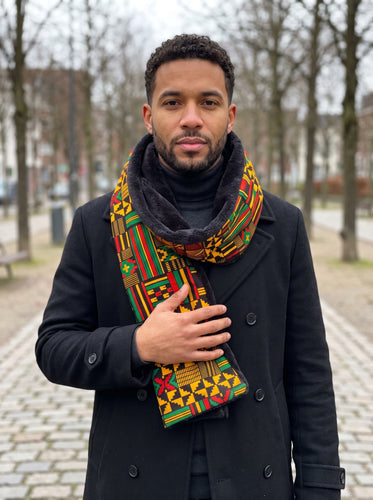 Afrikanischer Print Schal Unisex - Schmales Modell - Schwarz Grün Kente Print
