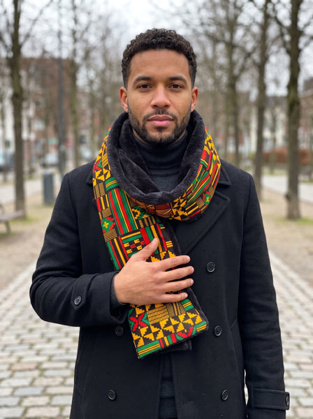 Afrikanischer Print Schal Unisex - Schmales Modell - Schwarz Grün Kente Print