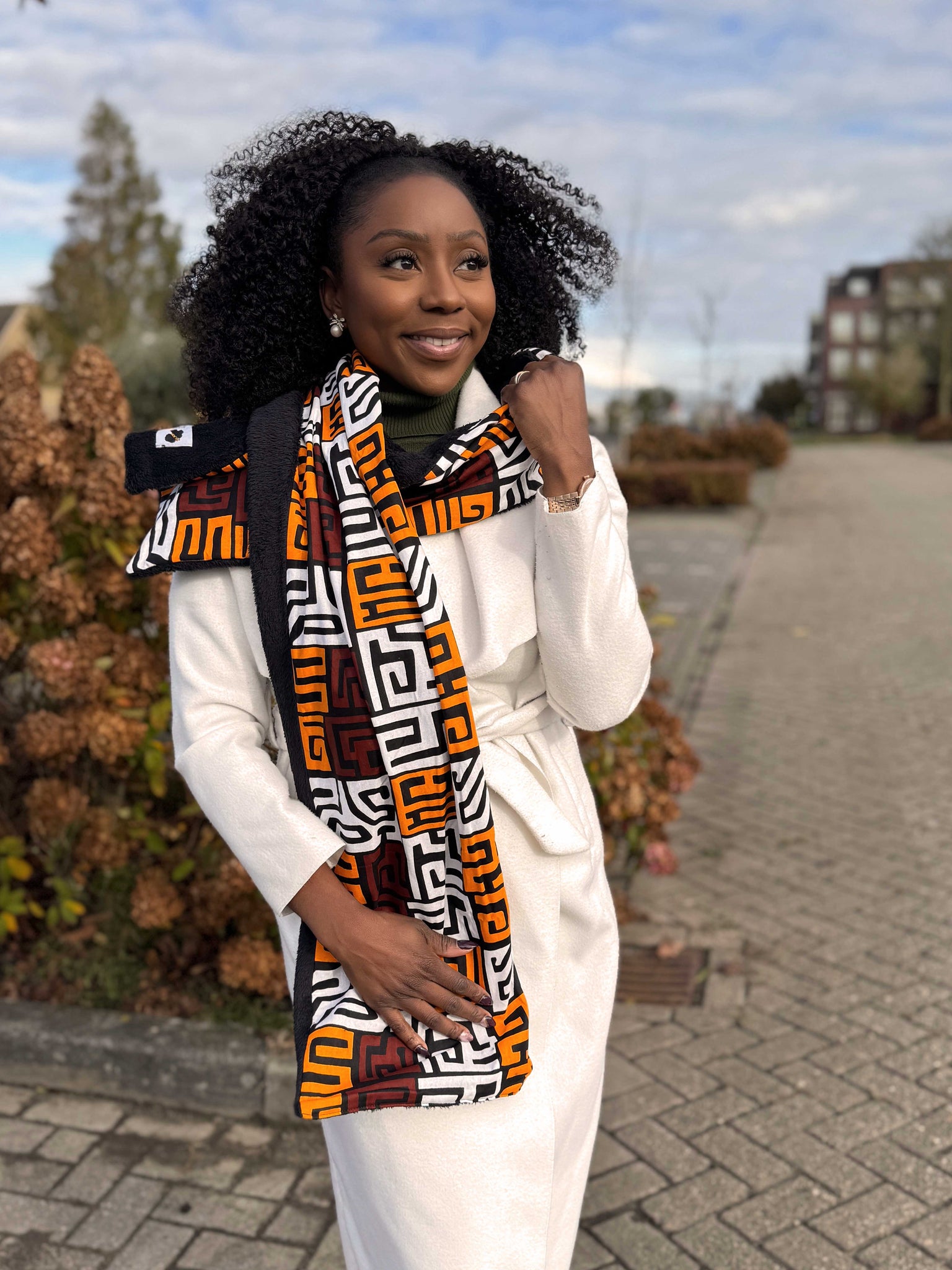 Afrikanischer Print Schal Unisex - Schmales Modell - Braun Kuba Blöcke
