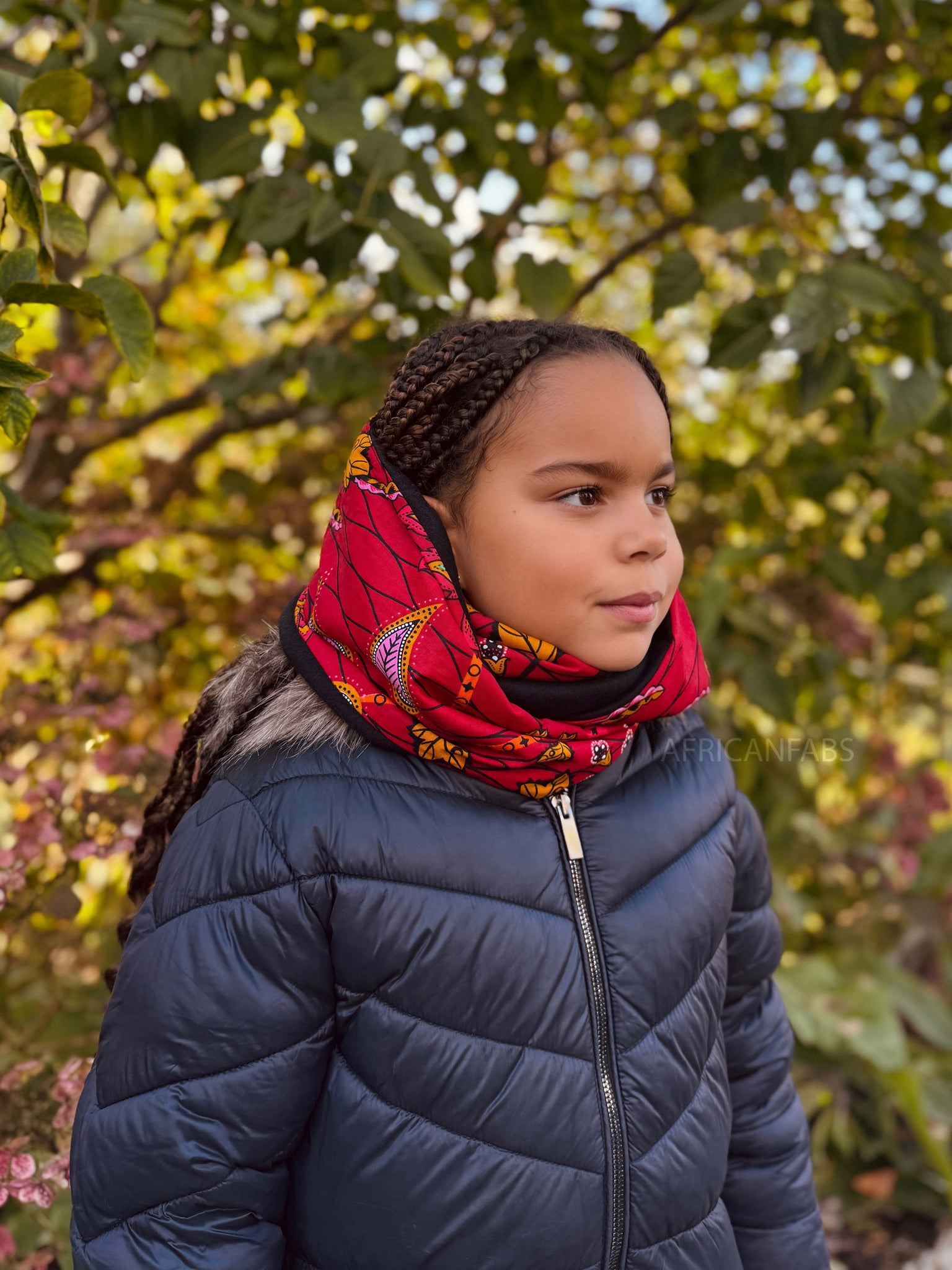 Warmer Rollkragenpullover Schal für Kinder mit afrikanischem Print Unisex - Dunkelrot & Gelb Botanical Flow